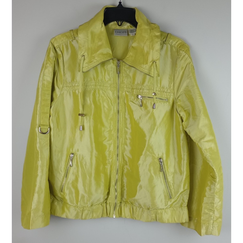 Chicos Womens 1 Lime Green Full Zip Roll Tab Sleeves Multi Pockets Nylon Jacket‎